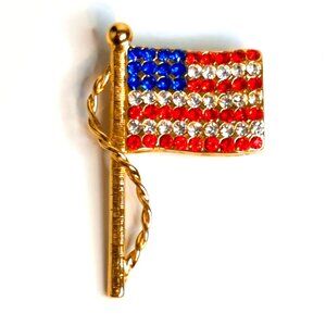 USA American Flag Brooch Pin Gold-Tone With Red/White/Blue Rhinestones Patriotic